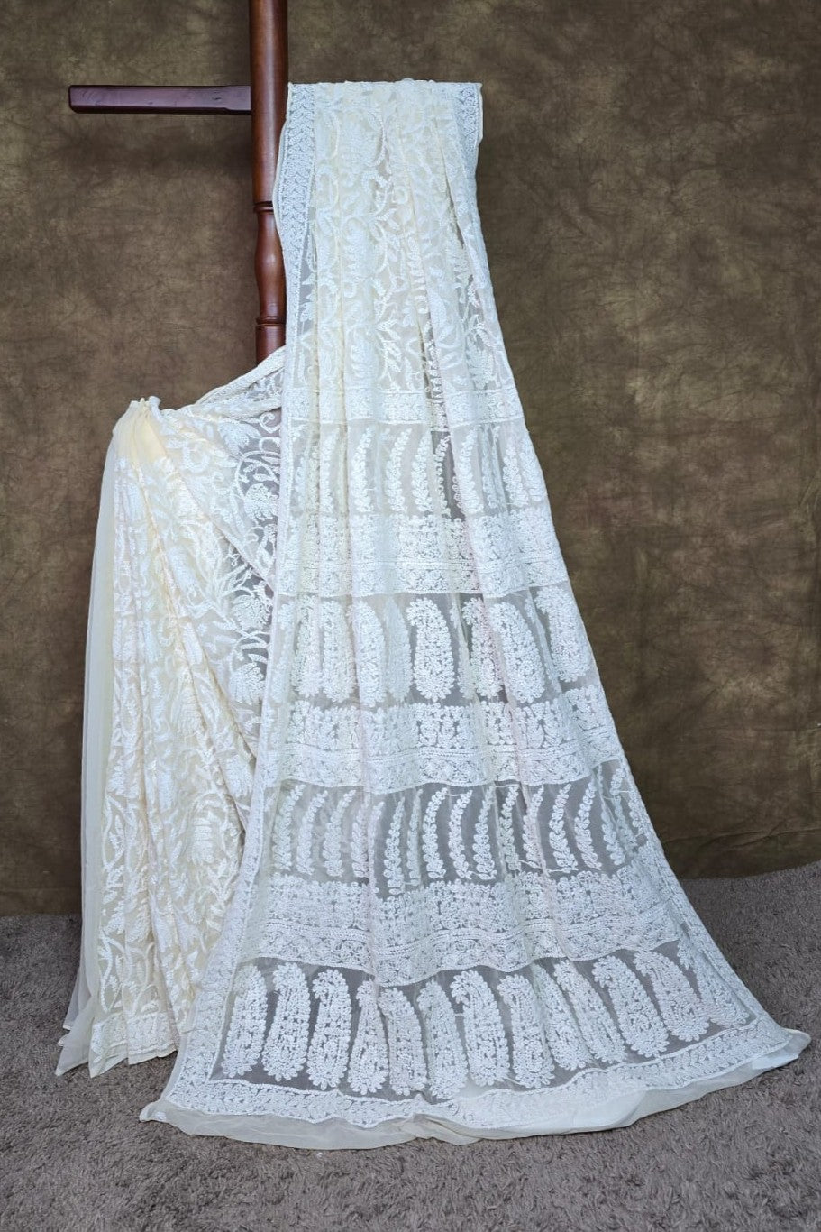 Luxury Cream Chiffon Chikankari Saree | Complete Handcrafted Work