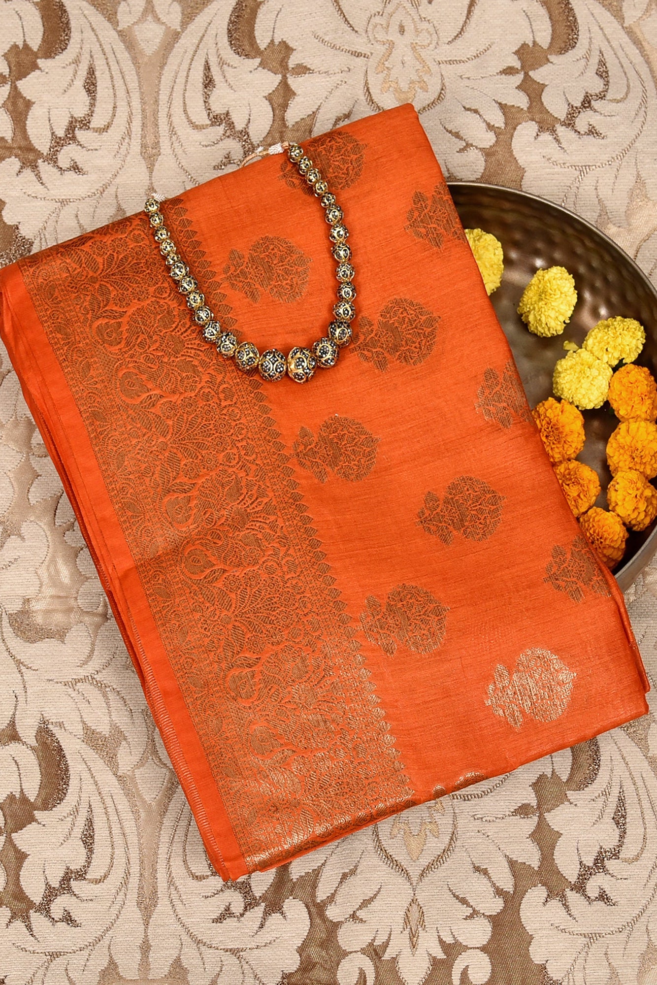 Festive Handloom Orange Silk Saree with  Zari Work