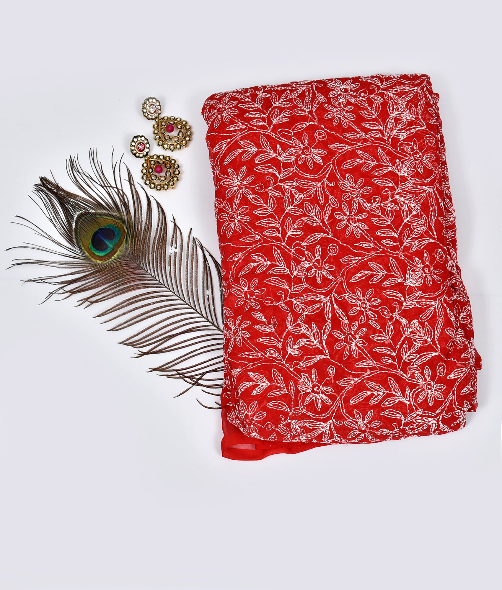 Red Chiffon Floral Tepchi Chikankari Saree