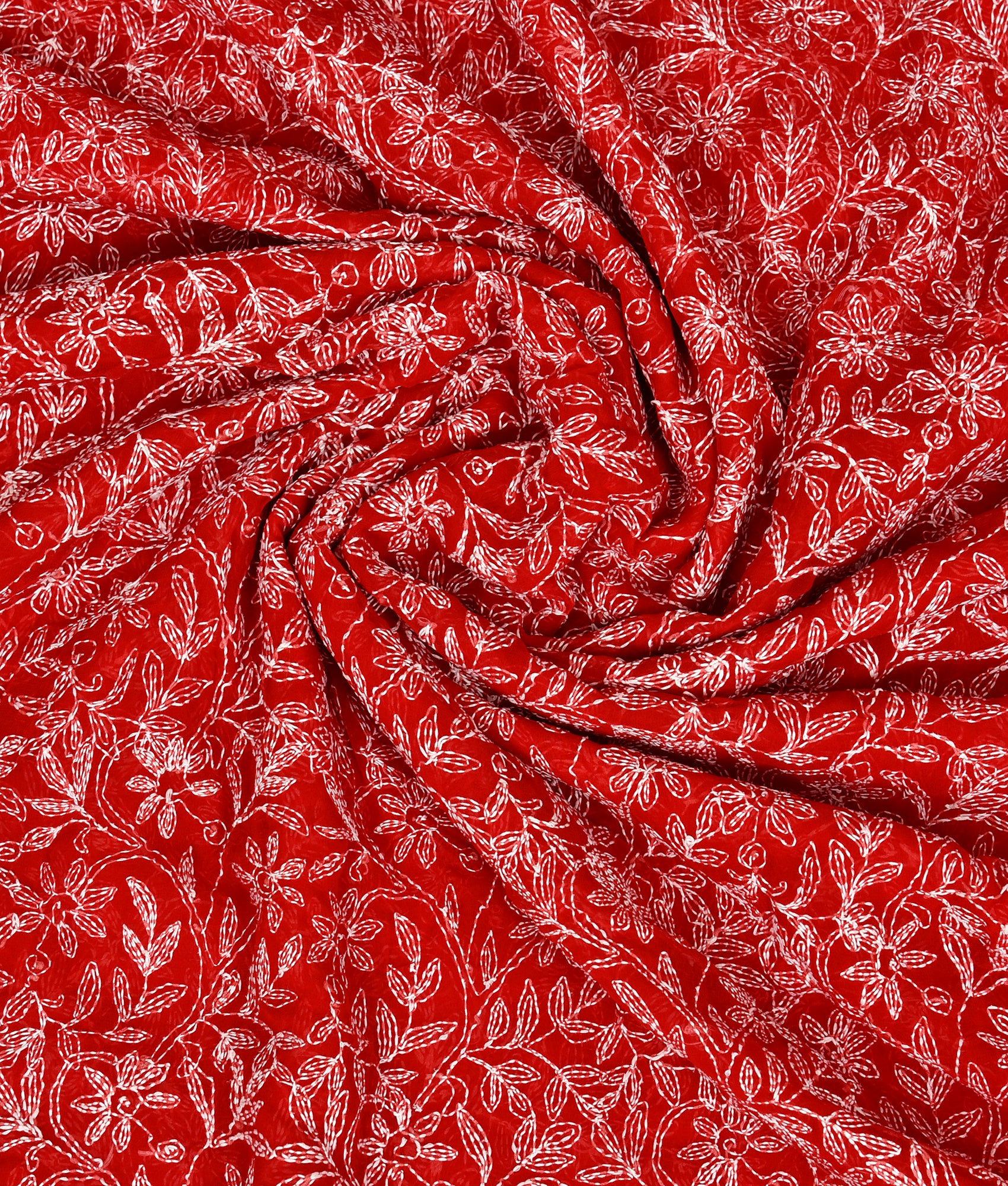 Red Chiffon Floral Tepchi Chikankari Saree