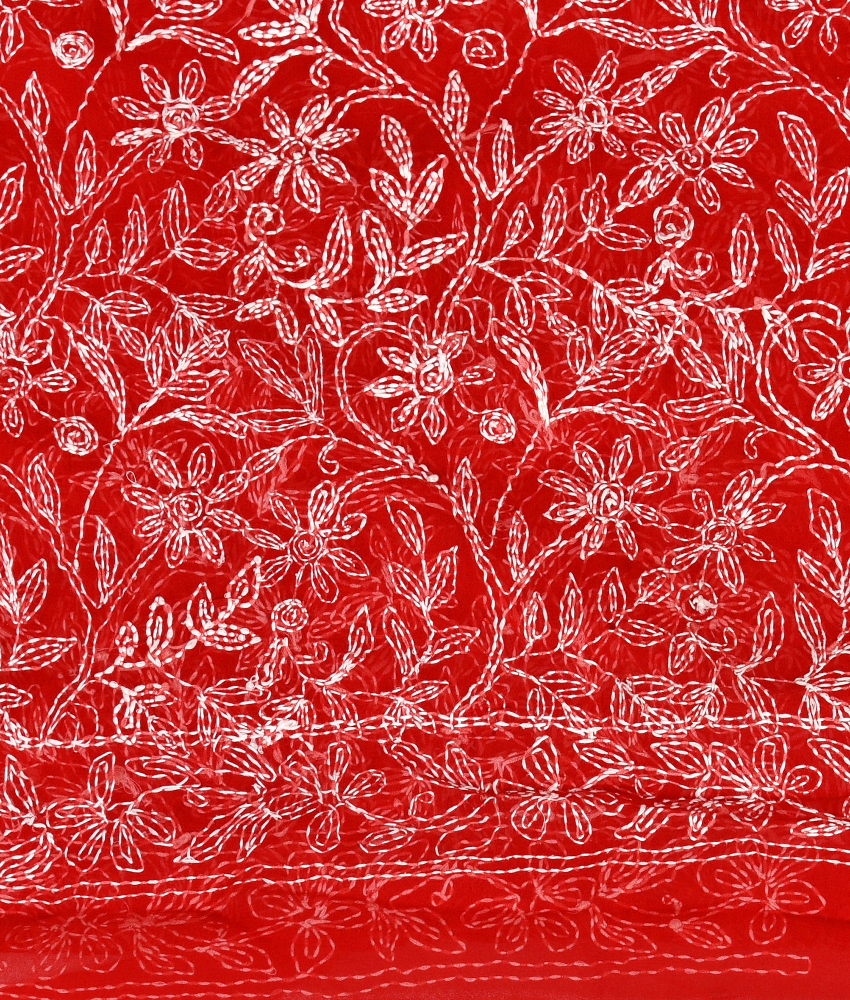 Red Chiffon Floral Tepchi Chikankari Saree