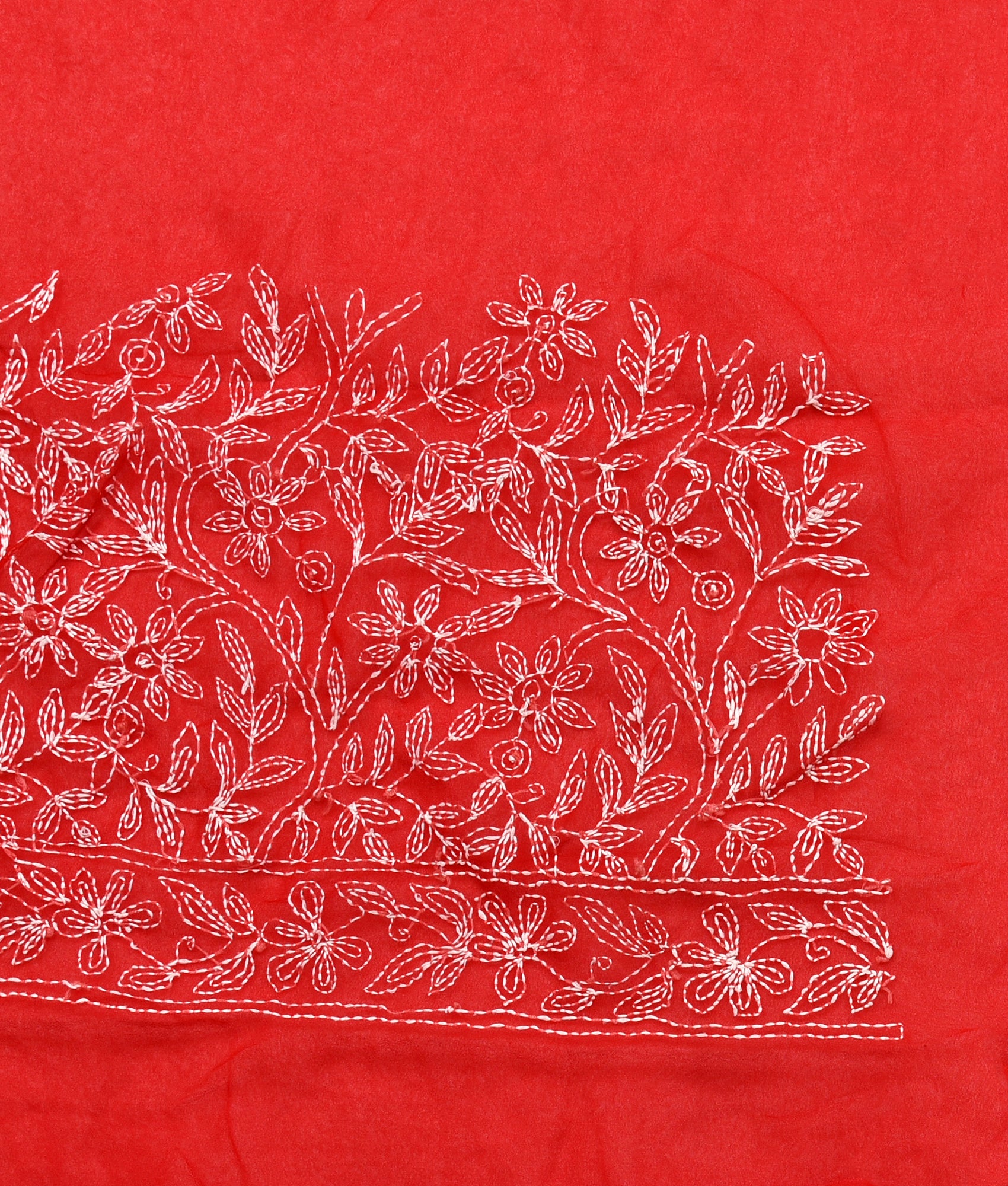 Red Chiffon Floral Tepchi Chikankari Saree