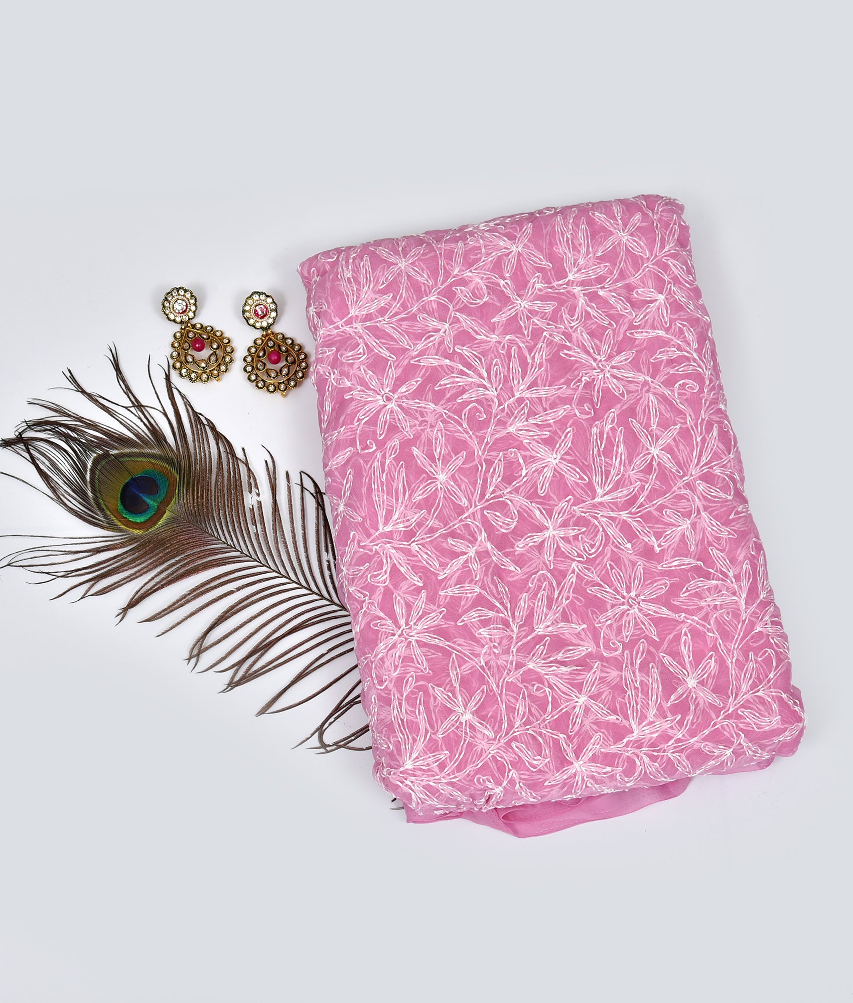 Pink Chiffon Floral Tepchi Chikankari Saree