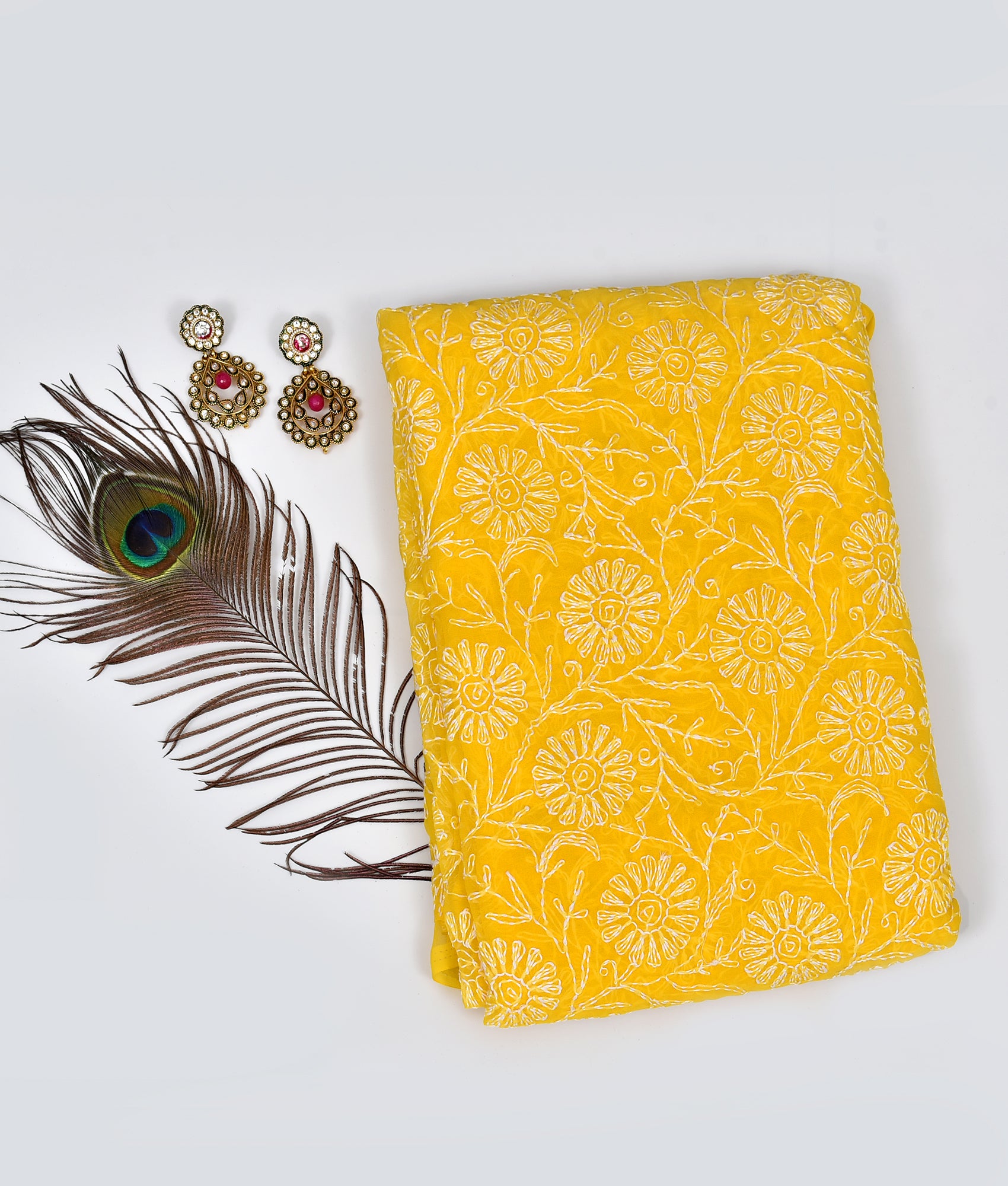 Yellow Chiffon Floral Chikankari Saree