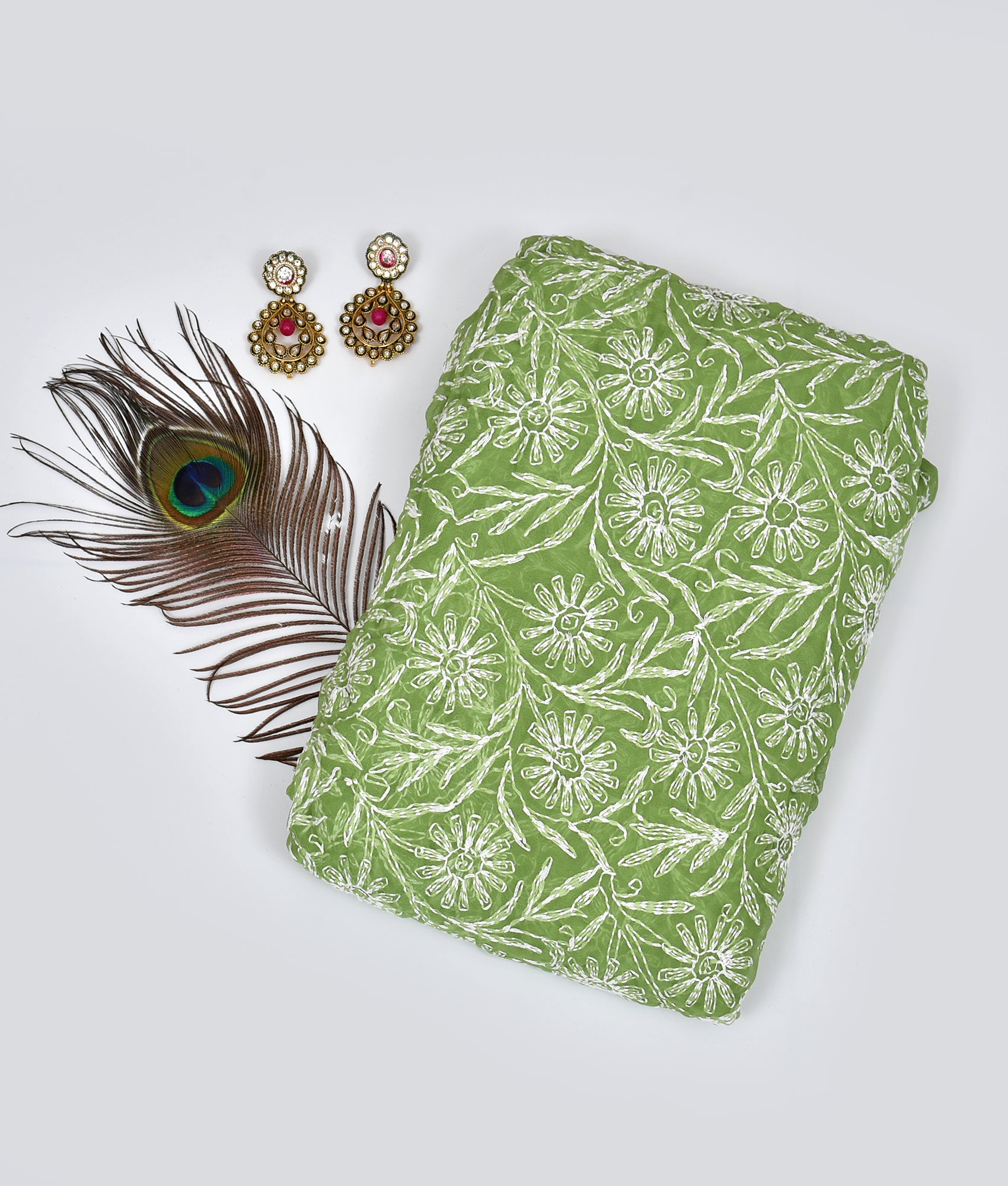 Chiffon Green Floral Chikankari Saree