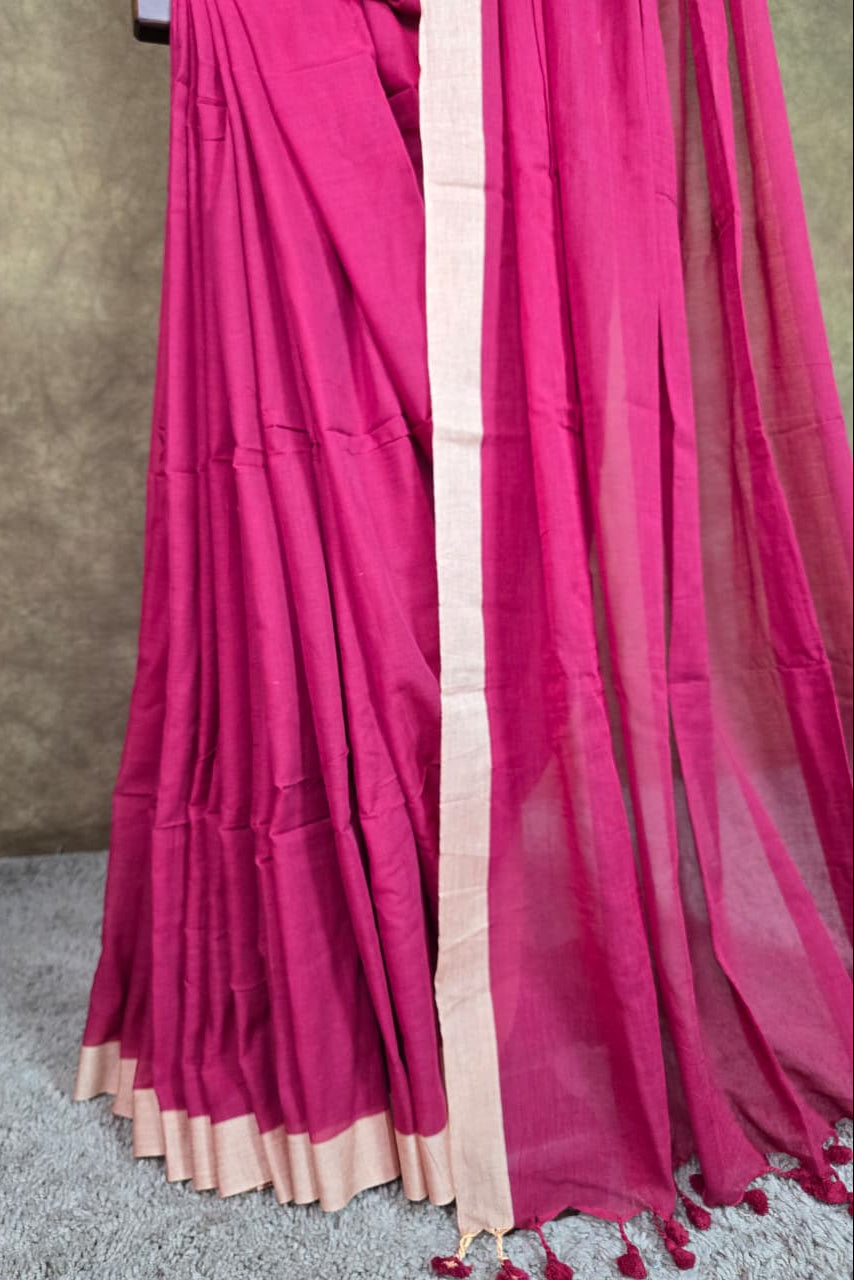 Handloom Cotton Saree in Deep Magenta with Soft Beige Border