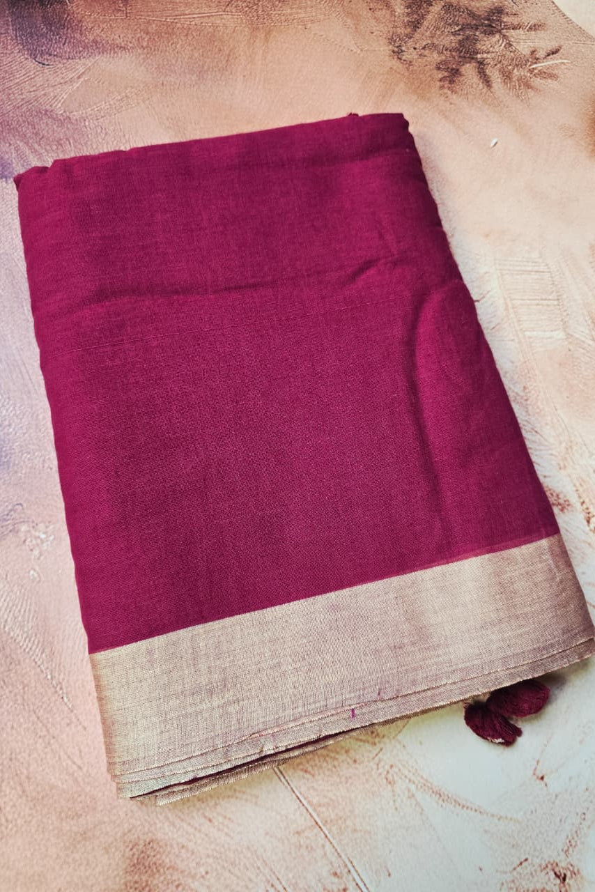 Handloom Cotton Saree in Deep Magenta with Soft Beige Border