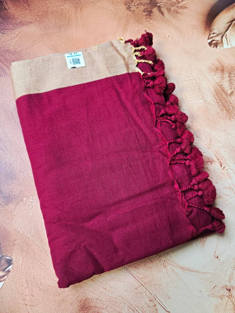 Handloom Cotton Saree in Deep Magenta with Soft Beige Border