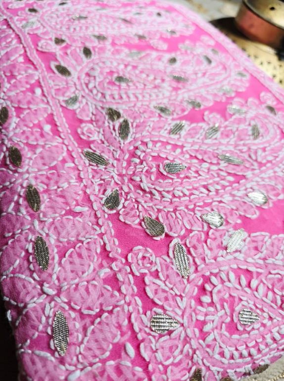 Rose Lattice Pink Chiffon Chikankari Gota Patti Saree