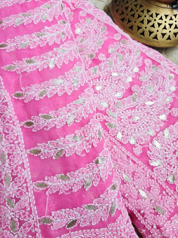 Rose Lattice Pink Chiffon Chikankari Gota Patti Saree