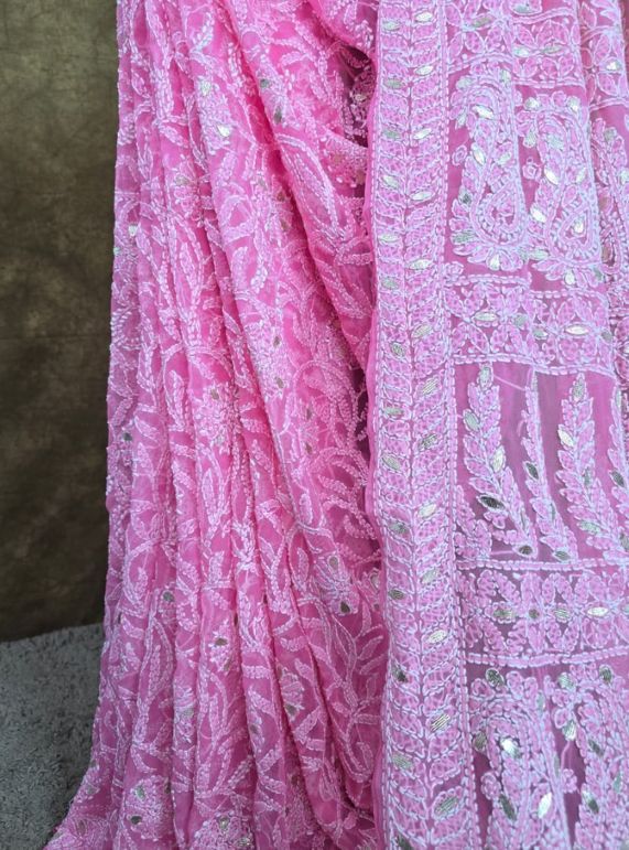 Rose Lattice Pink Chiffon Chikankari Gota Patti Saree