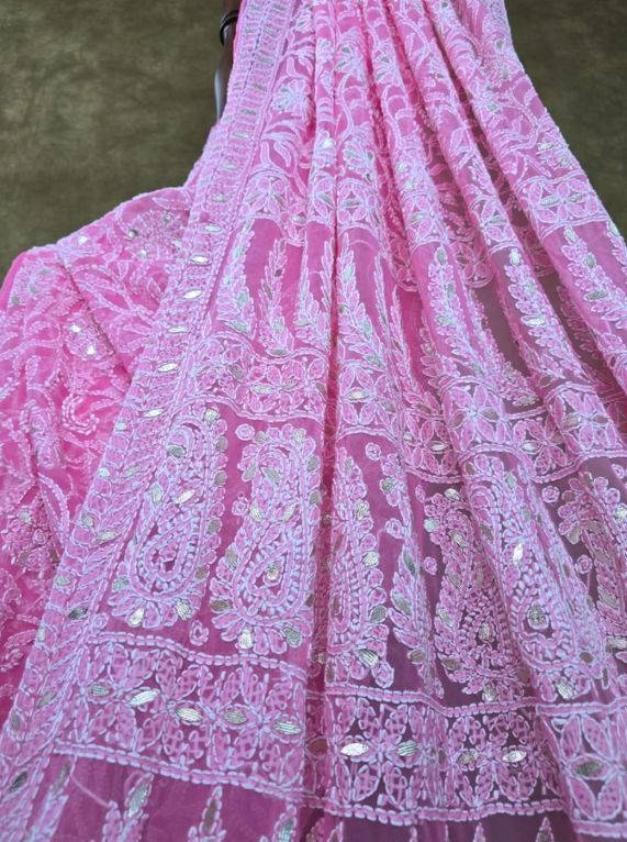 Rose Lattice Pink Chiffon Chikankari Gota Patti Saree