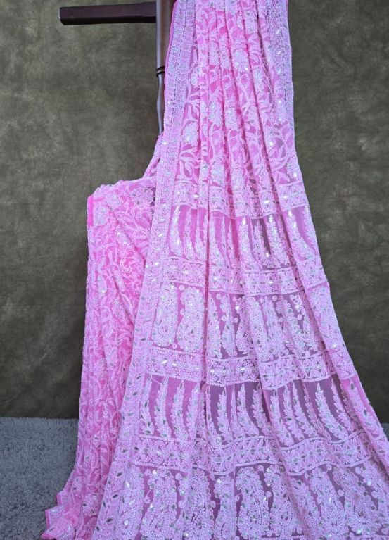 Rose Lattice Pink Chiffon Chikankari Gota Patti Saree