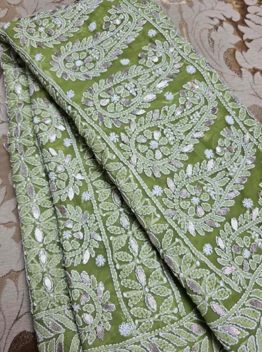 Royal Mehndi Green Chiffon Chikankari Saree with Exquisite Gota Patti Embellishments
