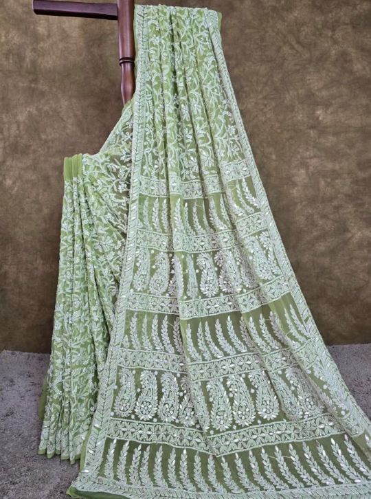 Royal Mehndi Green Chiffon Chikankari Saree with Exquisite Gota Patti Embellishments