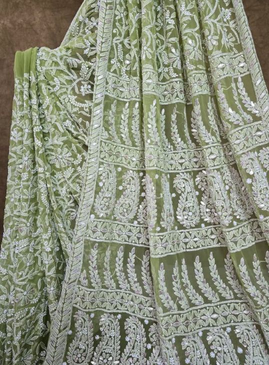Royal Mehndi Green Chiffon Chikankari Saree with Exquisite Gota Patti Embellishments