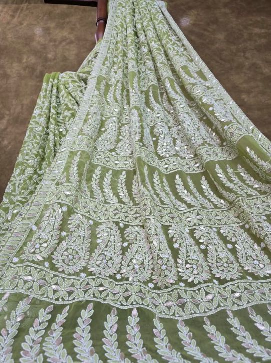 Royal Mehndi Green Chiffon Chikankari Saree with Exquisite Gota Patti Embellishments