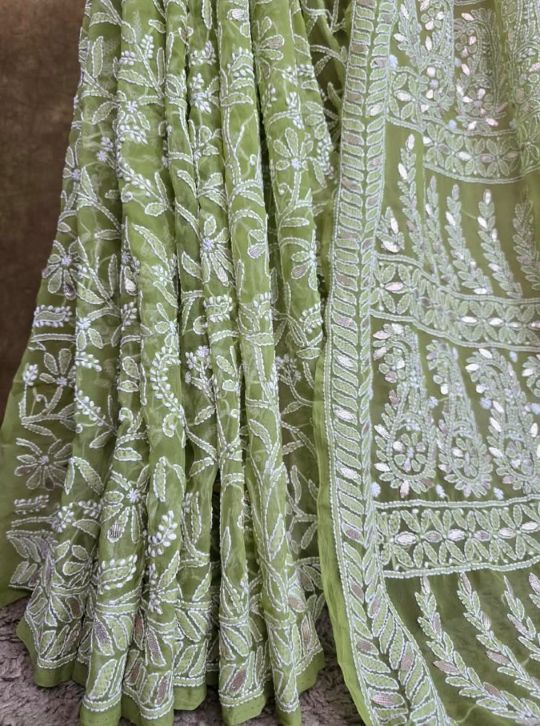 Royal Mehndi Green Chiffon Chikankari Saree with Exquisite Gota Patti Embellishments
