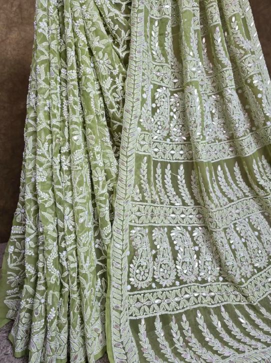 Royal Mehndi Green Chiffon Chikankari Saree with Exquisite Gota Patti Embellishments