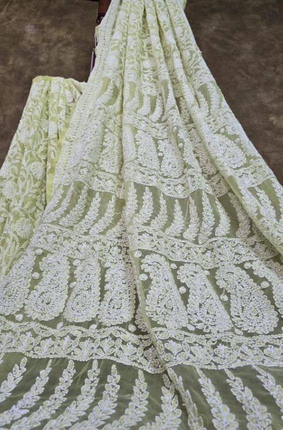Sage Green Chiffon Full Jaal Lucknowi Chikankari Saree