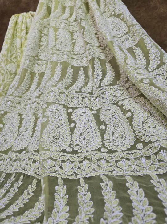 Sage Green Chiffon Full Jaal Lucknowi Chikankari Saree
