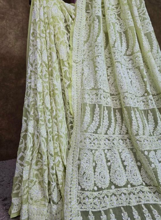 Sage Green Chiffon Full Jaal Lucknowi Chikankari Saree