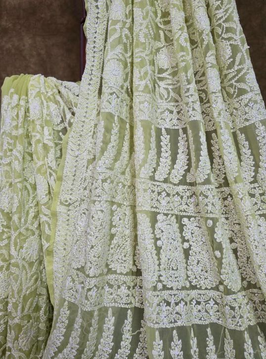 Sage Green Chiffon Full Jaal Lucknowi Chikankari Saree