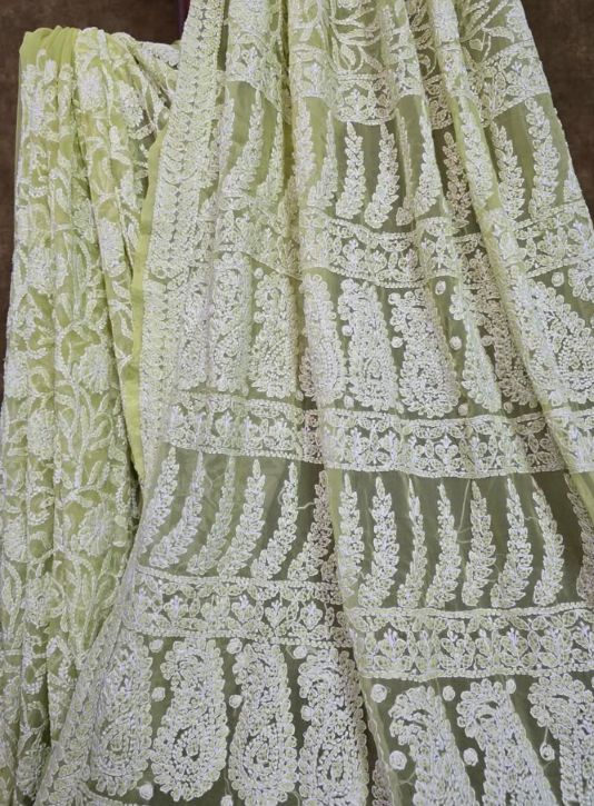Sage Green Chiffon Full Jaal Lucknowi Chikankari Saree