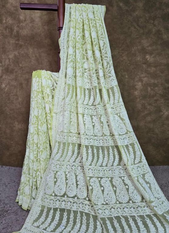 Sage Green Chiffon Full Jaal Lucknowi Chikankari Saree