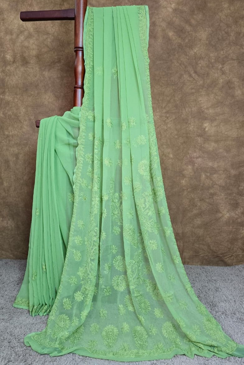 Fern Green Chiffon Monochromatic Resham Thread Chikankari Saree