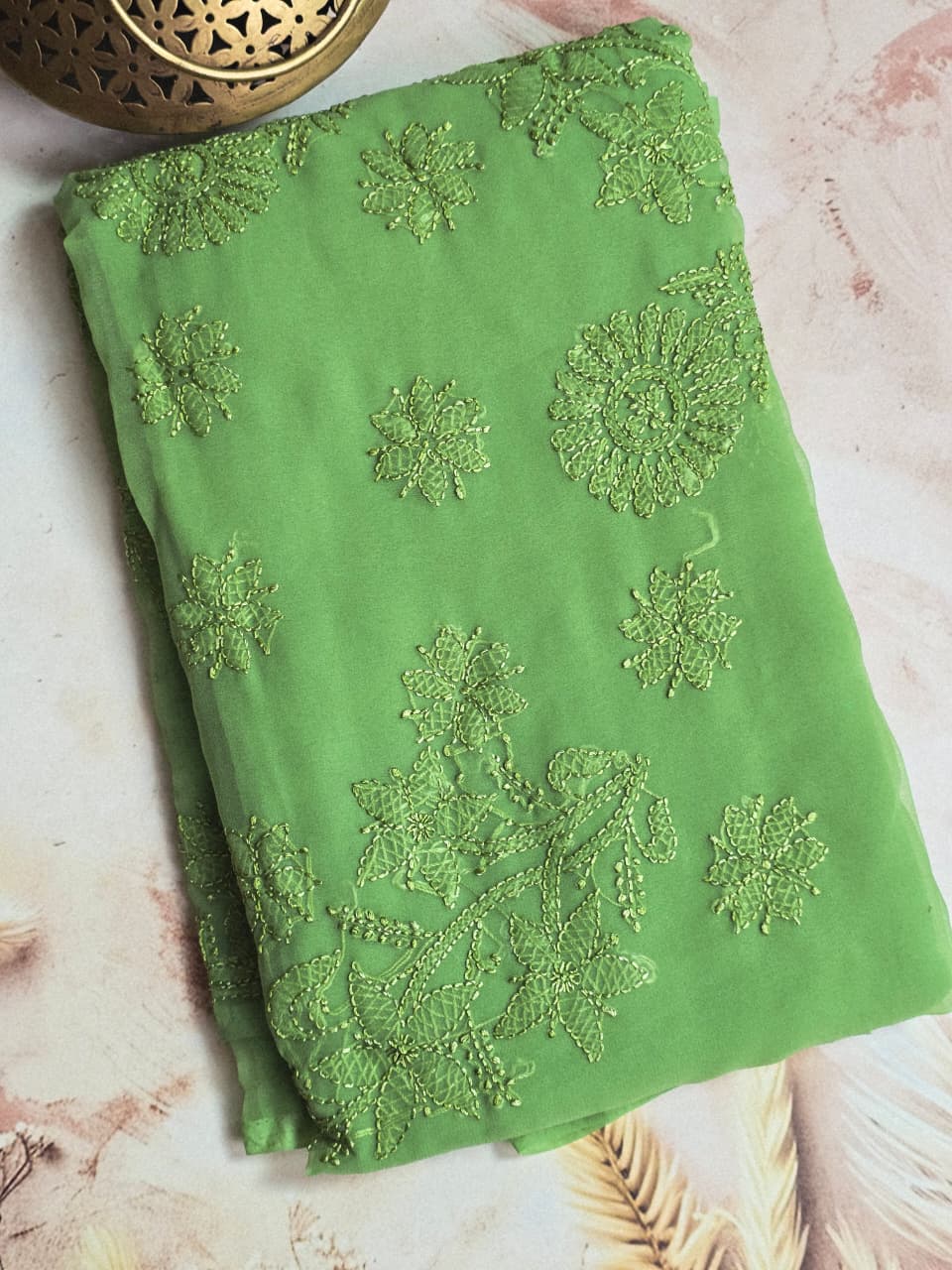 Fern Green Chiffon Monochromatic Resham Thread Chikankari Saree