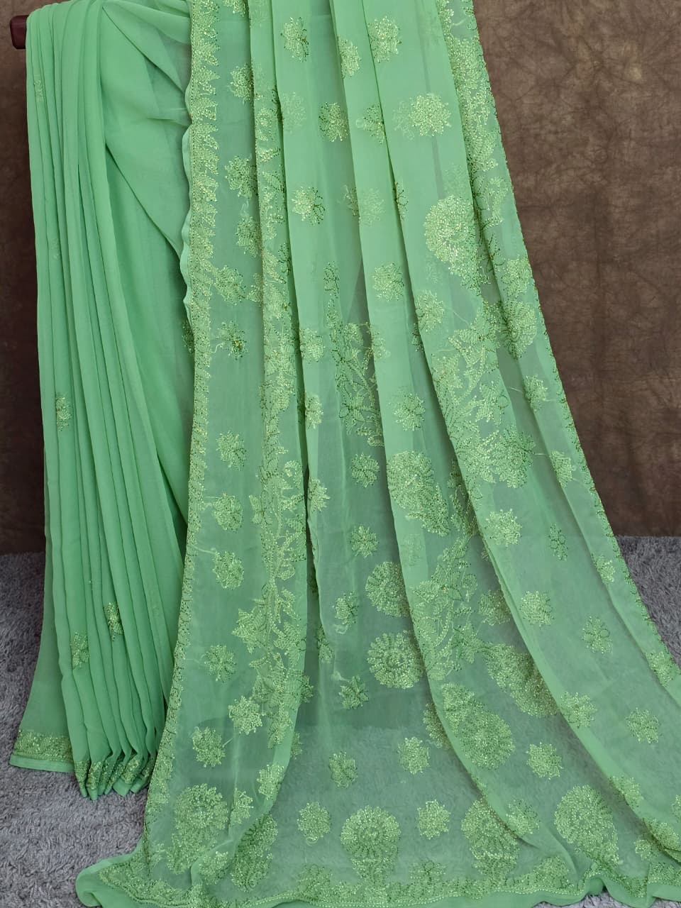 Fern Green Chiffon Monochromatic Resham Thread Chikankari Saree