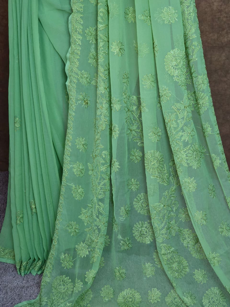 Fern Green Chiffon Monochromatic Resham Thread Chikankari Saree
