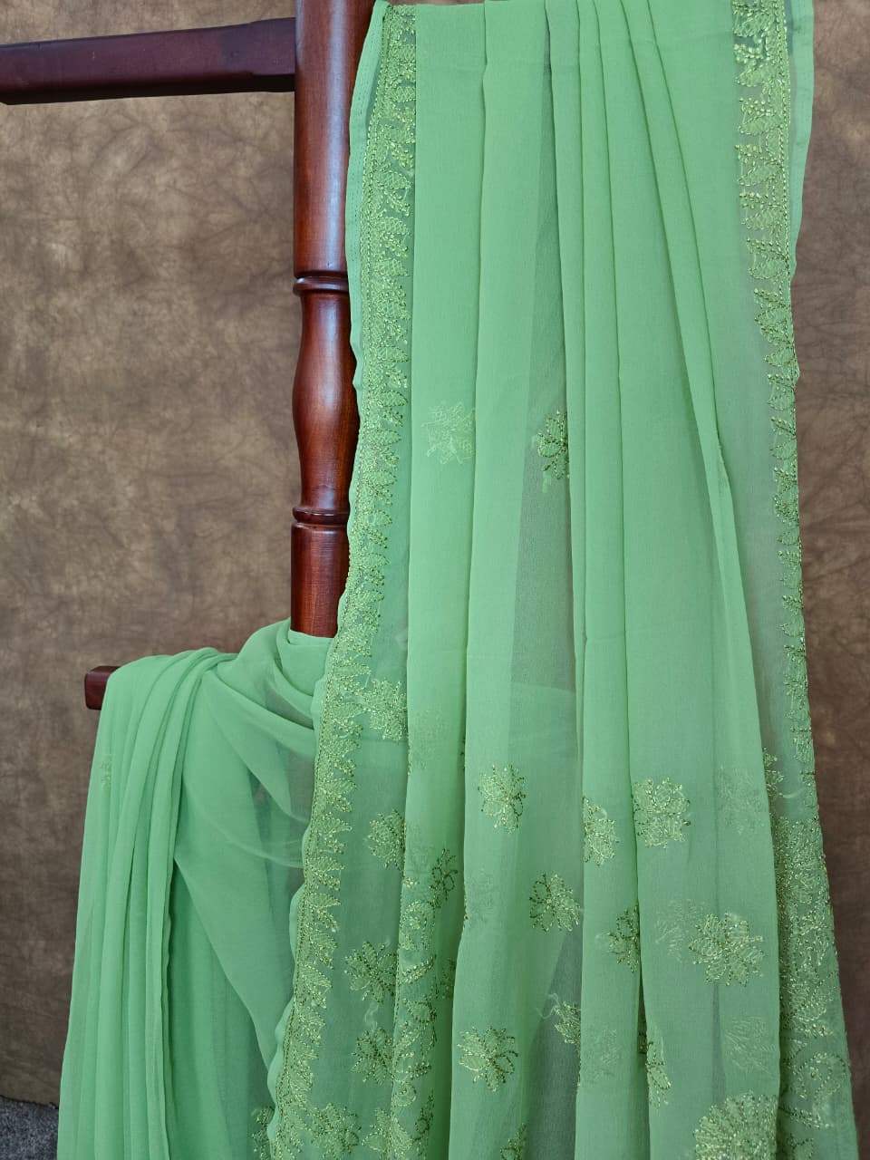 Fern Green Chiffon Monochromatic Resham Thread Chikankari Saree
