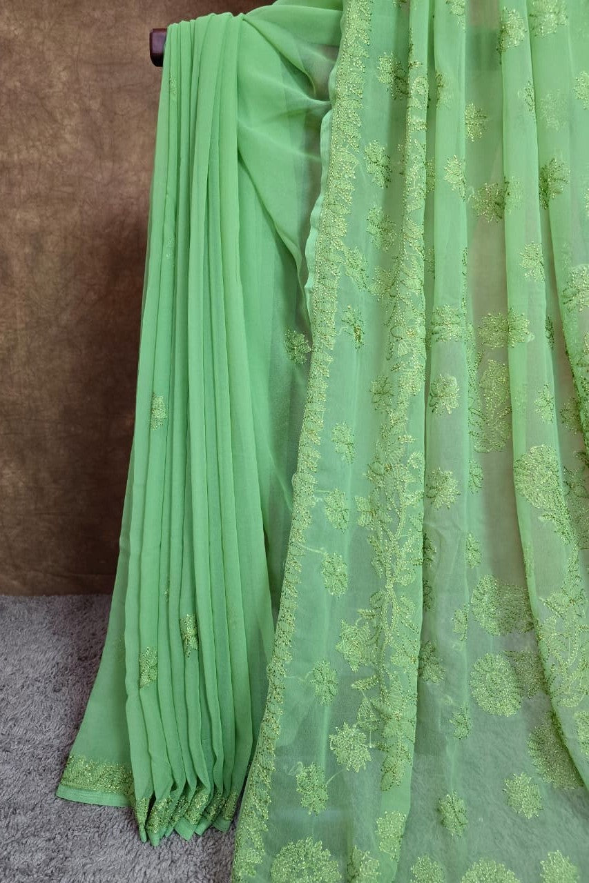 Fern Green Chiffon Monochromatic Resham Thread Chikankari Saree
