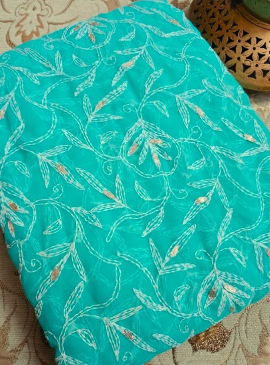 Light Jade Green - Tepchi Chikankari Chiffon Saree with Gota Patti