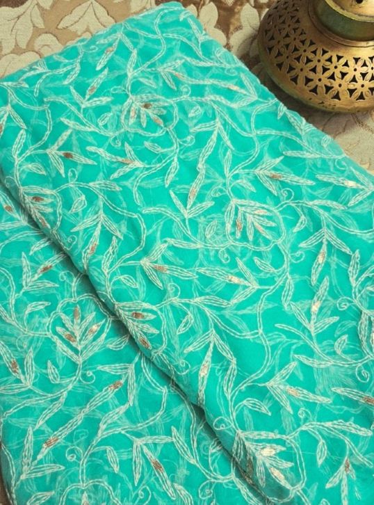Light Jade Green - Tepchi Chikankari Chiffon Saree with Gota Patti