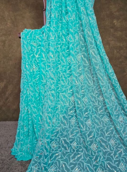 Light Jade Green - Tepchi Chikankari Chiffon Saree with Gota Patti