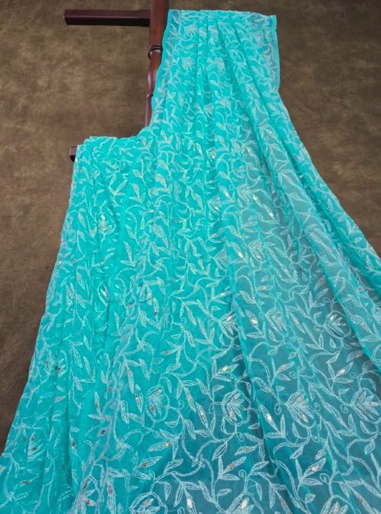 Light Jade Green - Tepchi Chikankari Chiffon Saree with Gota Patti