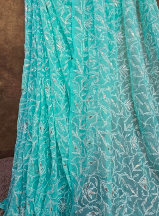 Light Jade Green - Tepchi Chikankari Chiffon Saree with Gota Patti