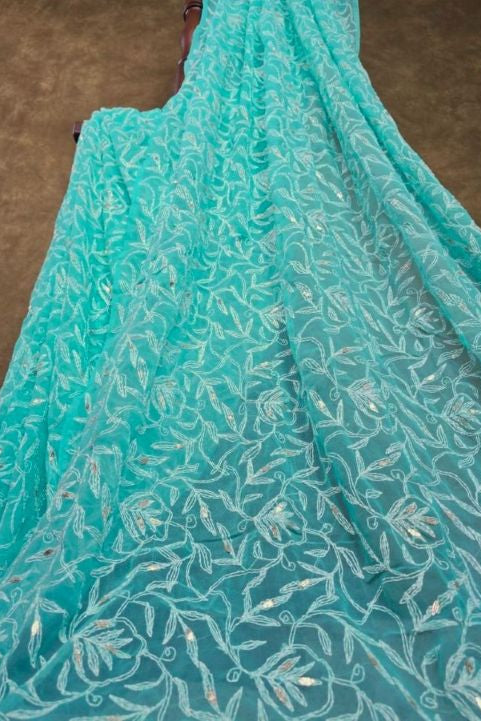 Light Jade Green - Tepchi Chikankari Chiffon Saree with Gota Patti