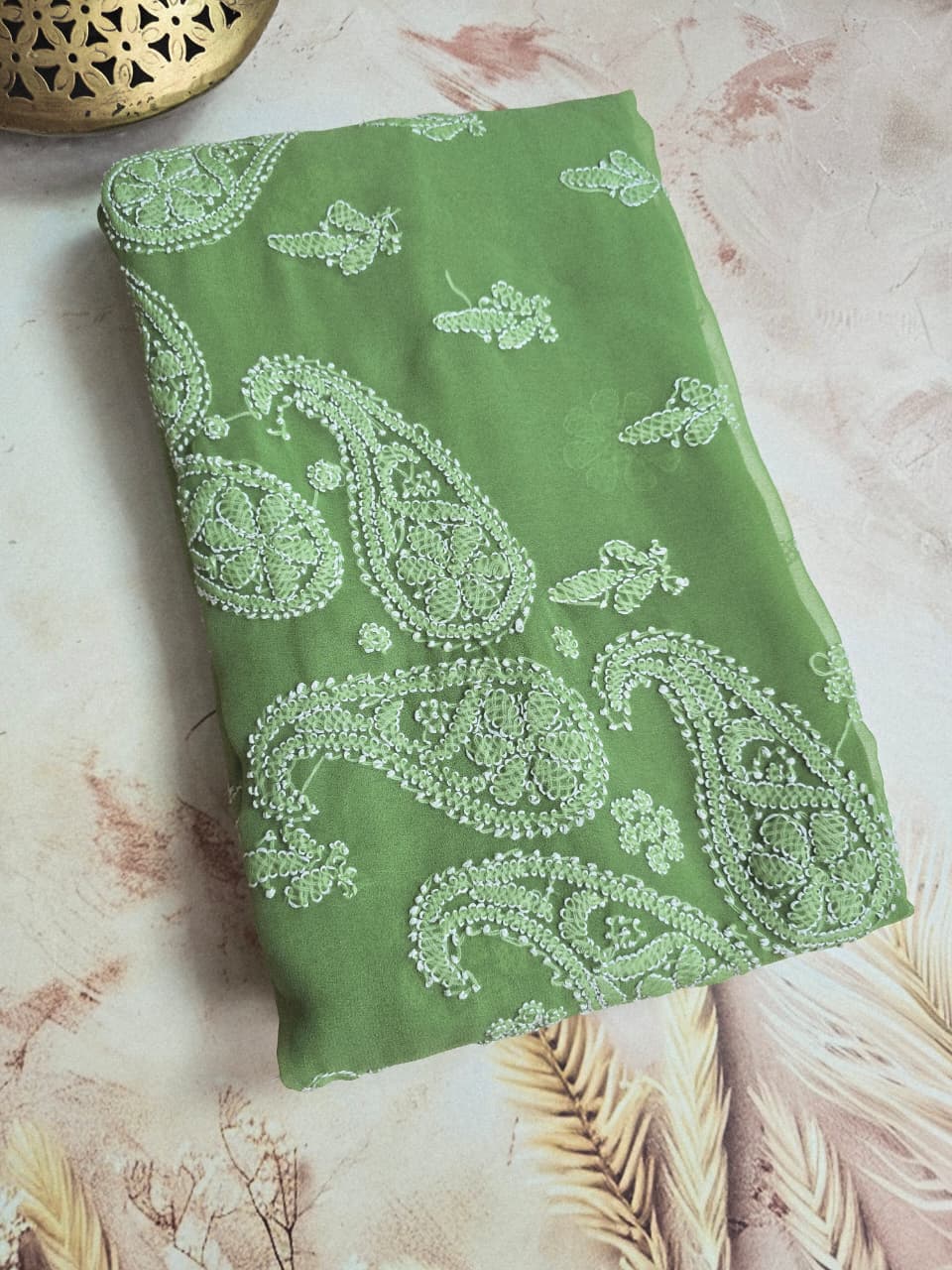 Spring Meadow Green Chiffon Saree with Resham Thread Chikankari