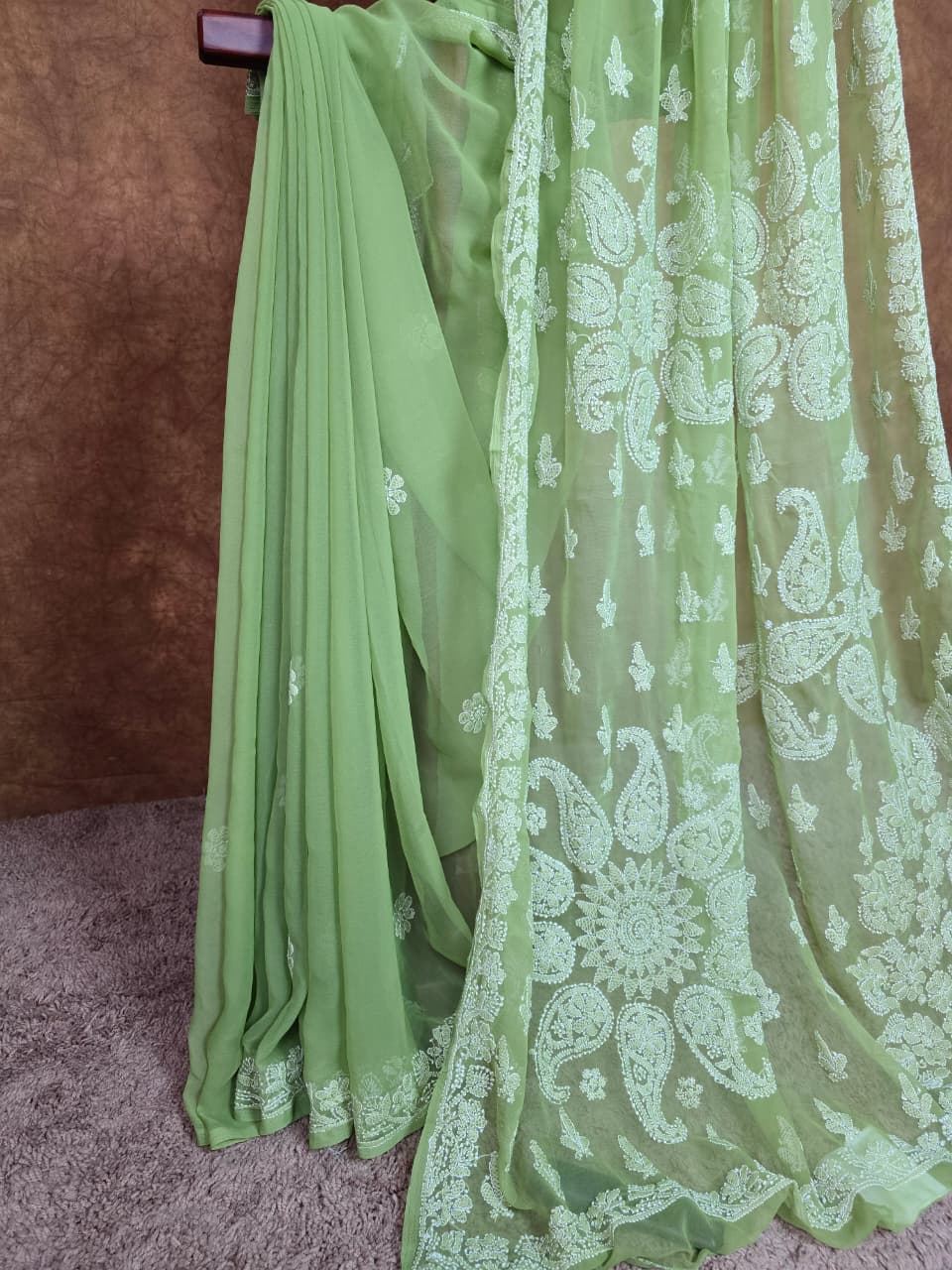 Spring Meadow Green Chiffon Saree with Resham Thread Chikankari