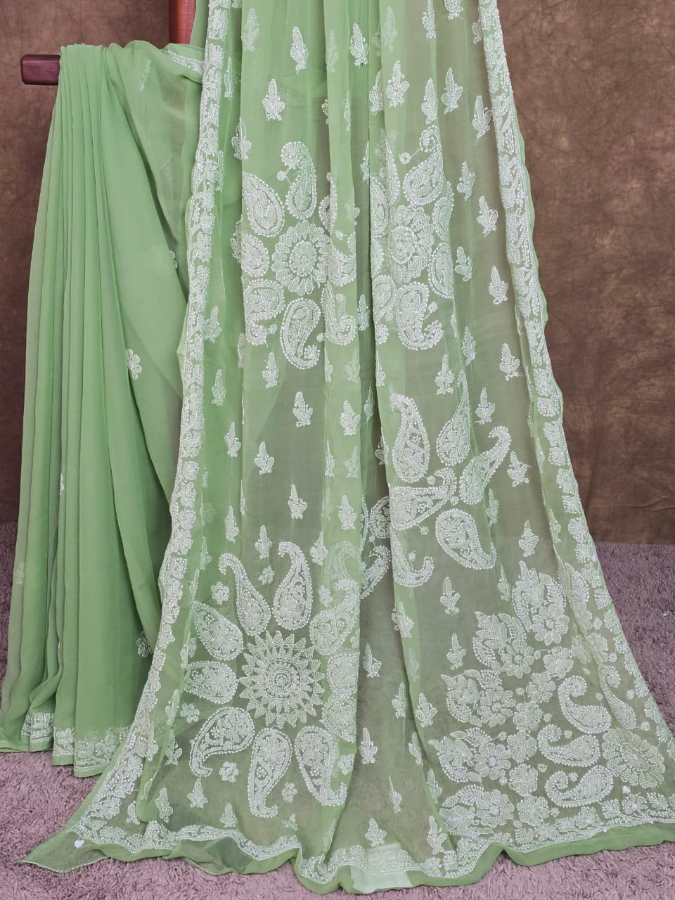 Spring Meadow Green Chiffon Saree with Resham Thread Chikankari