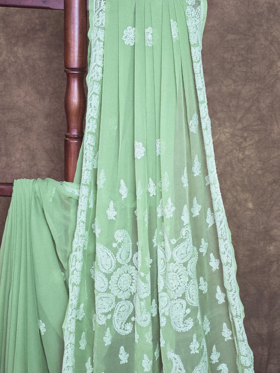 Spring Meadow Green Chiffon Saree with Resham Thread Chikankari