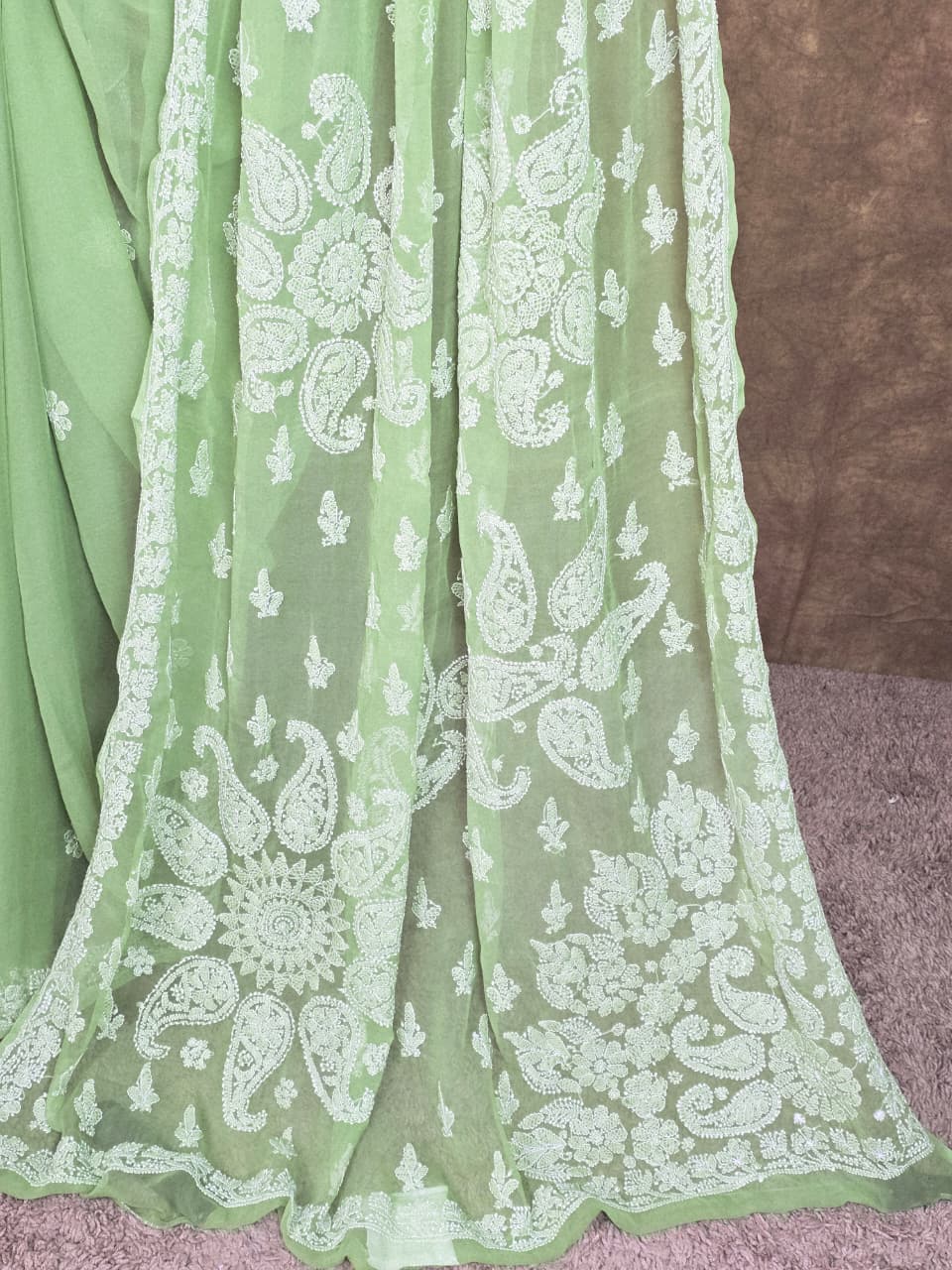 Spring Meadow Green Chiffon Saree with Resham Thread Chikankari