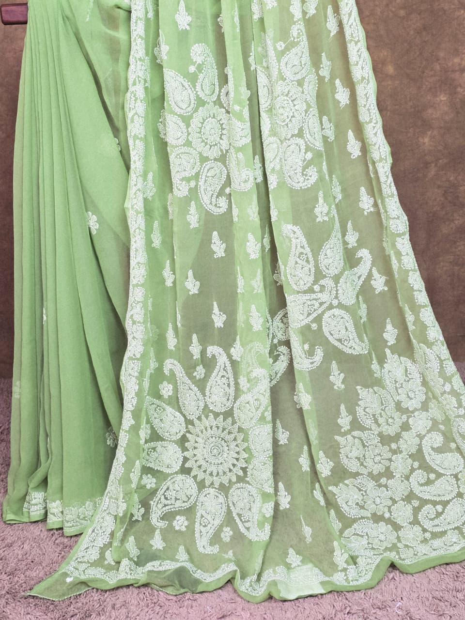 Spring Meadow Green Chiffon Saree with Resham Thread Chikankari