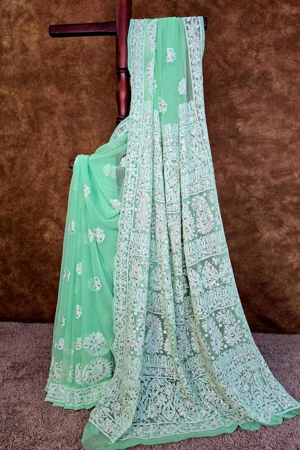 Green Chiffon Chikankari Saree with Gota Patti | Hastweave