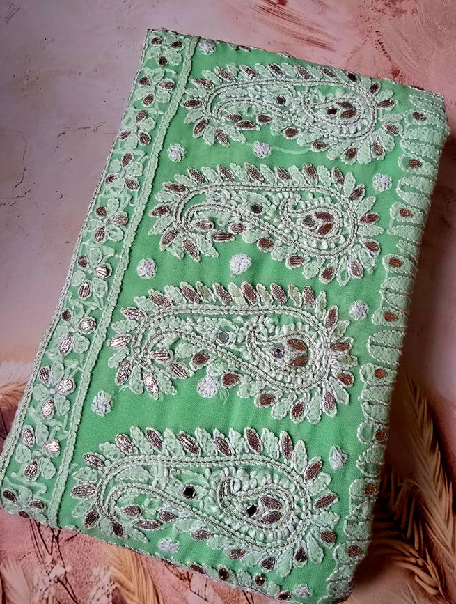 Green Chiffon Chikankari Saree with Gota Patti - Folded