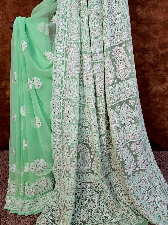 Green Chiffon Chikankari Saree with Gota Patti - Pallu